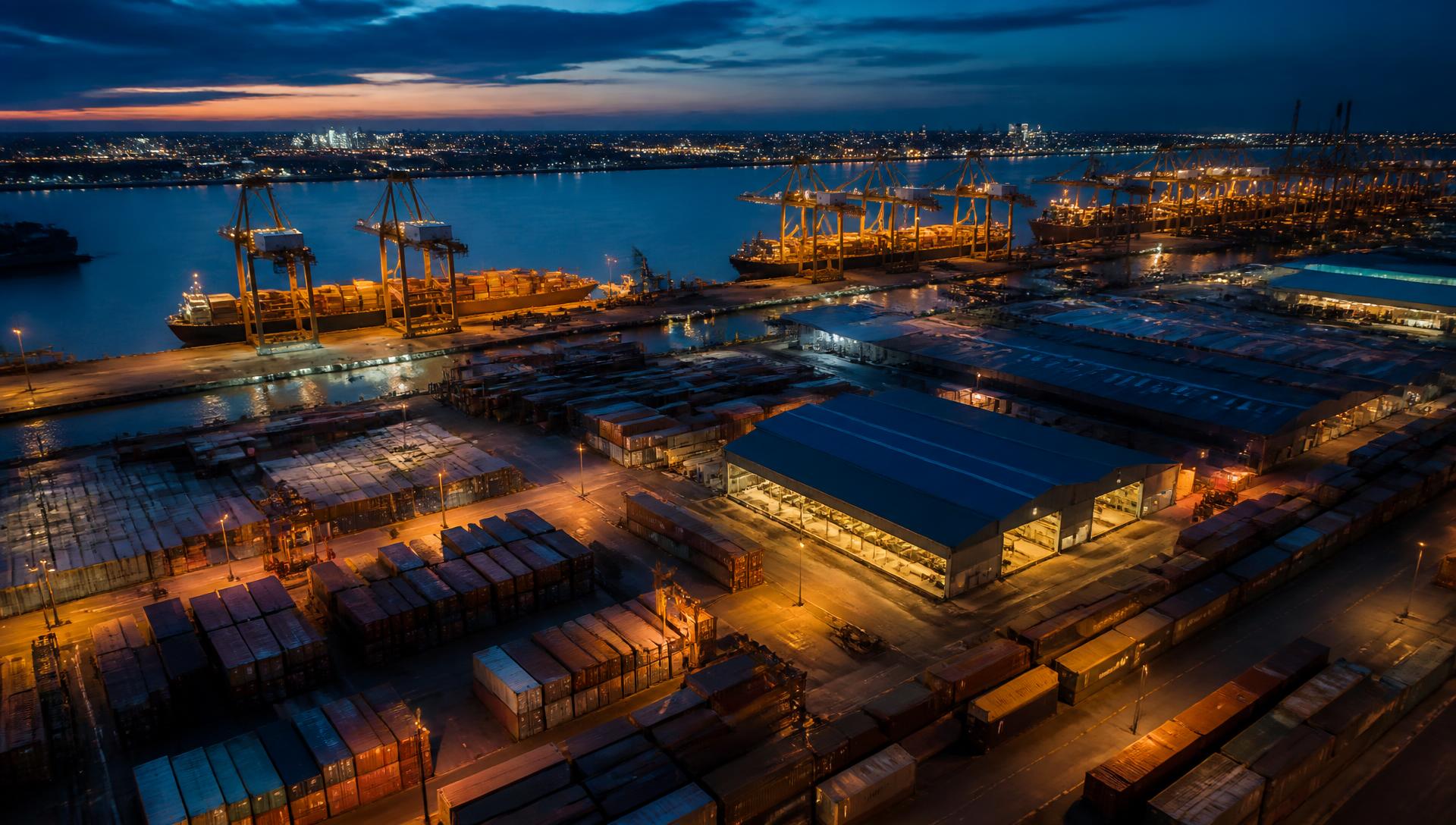 Commercial port and warehousing at dusk