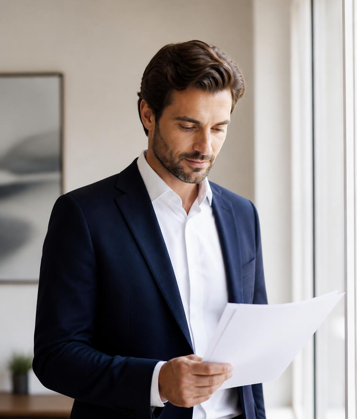 A Concordi consultant reviewing documents by a window